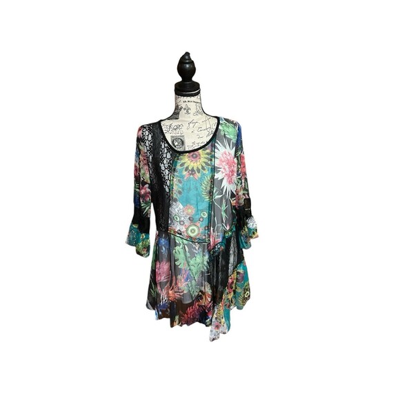 Dor Dor Couture Top Womens Medium Black Floral Mesh Sheer Boho Artsy Retro Tunic - Picture 2 of 5